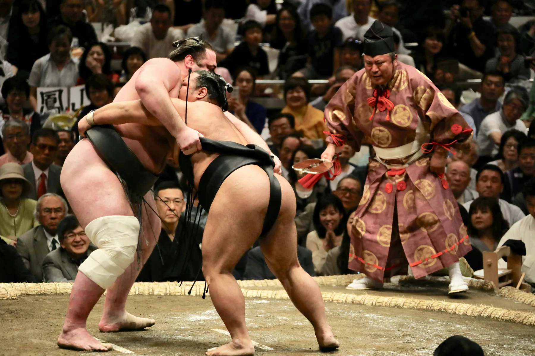 Two sumo wrestlers locked chest to chest at the edge of a straw-bale ring while a referee in a layered robe leans in beside them